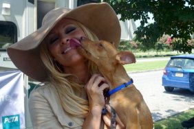 Pamela Anderson, Khaki top, large beige hat, dog